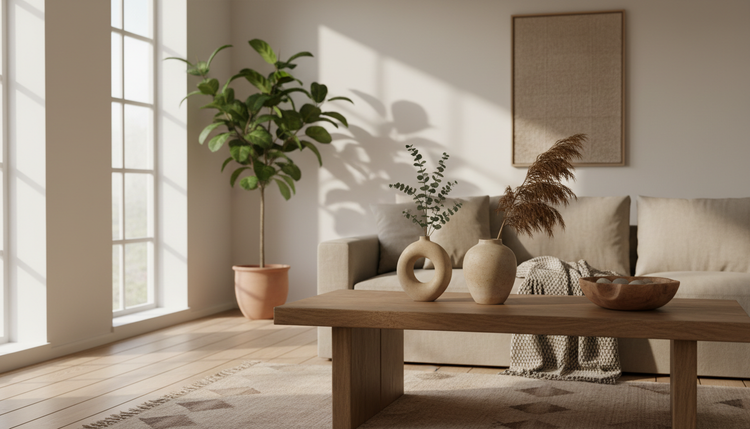 A finished piece on a wooden table in a sunlit living room